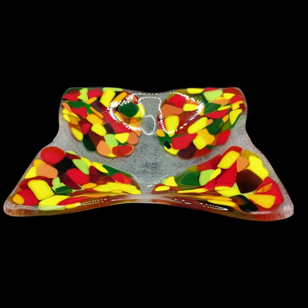 Fused Glass Trinket Dish Catchall Tray Square Red Orange Yellow Green MCM Style